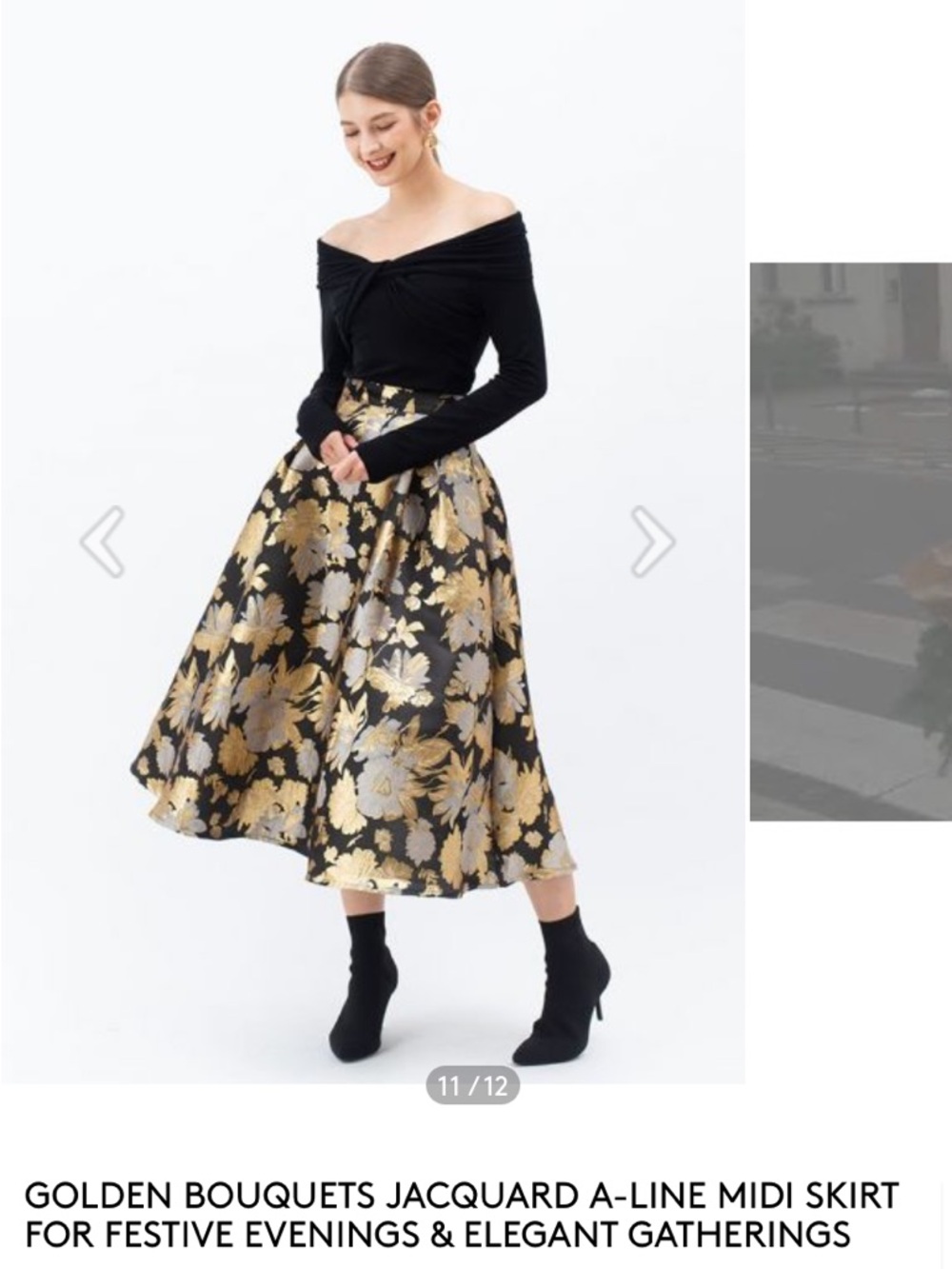 Chicwish Black Midi Skirt with Gold Floral Jacquard